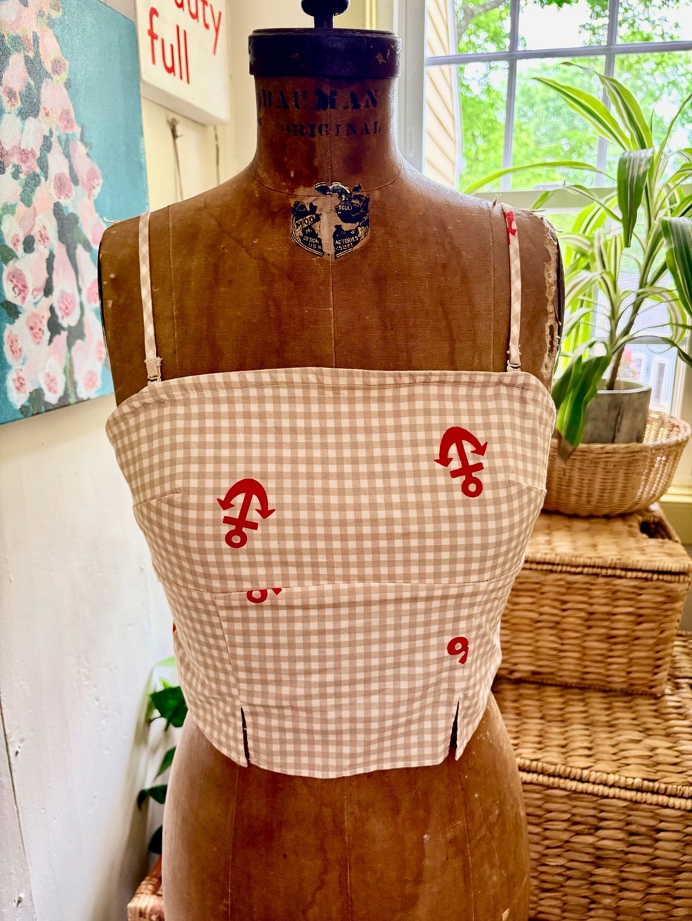 NWT Anthropologie“Celandine”Small Gingham Crop top with Embroidered Red Anchors
